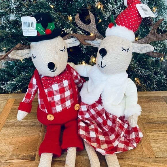 Farmhouse Christmas Reindeer Pair Plush Holiday Decor - Picture 1 of 5